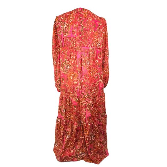 Julia Jordan Red Pink Floral Paisley Pleated V Neck Boho Tiered Flowy Maxi Dress - Picture 9 of 14